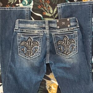 Miss Me Fleur-De-Lis Bootcut Jeans Size 28 Dark Wash Rhinestone Embellished